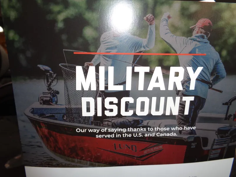 Slide: The Image of 2025 Lund 1675 Adventure Sport boat offering military discount promotion. - 7