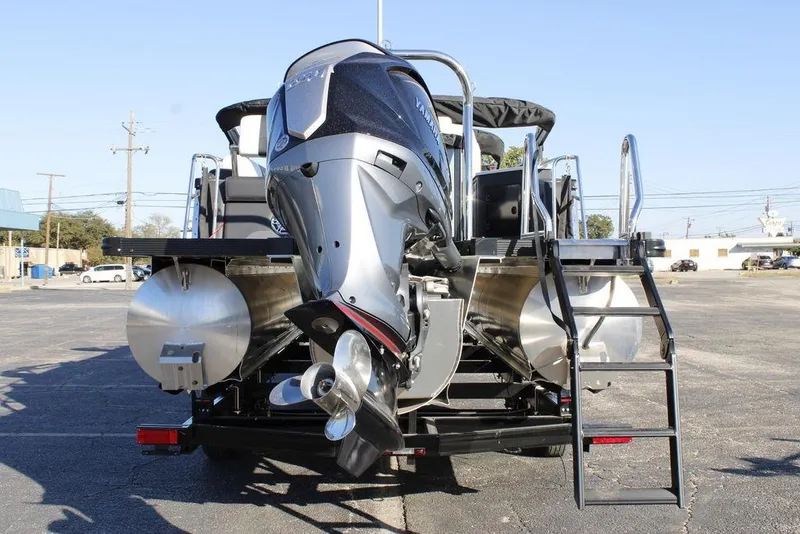 Slide: The Image of 2026 Avalon Catalina Cruise Rear Bench 25 FT with powerful outboard motor and ladder. - 10