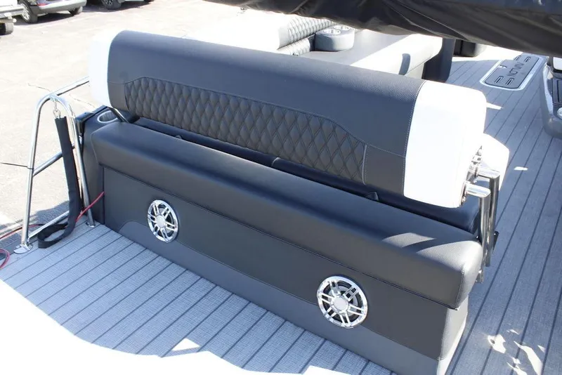 Slide: The Image of 2026 Avalon Catalina Cruise Rear Bench, luxurious seating with integrated speakers on a boat deck. - 11