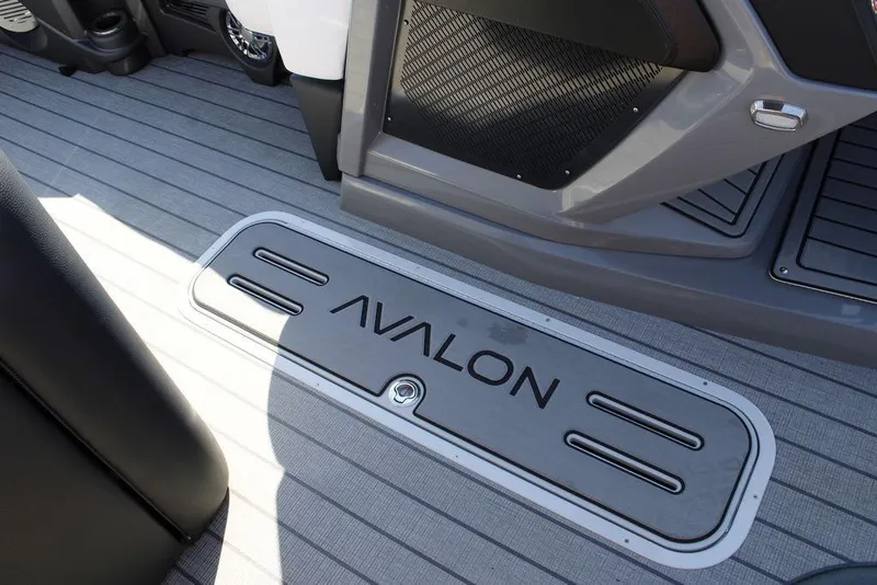 Slide: The Image of 2026 Avalon Catalina Cruise Rear Bench boat deck with logo, featuring sleek design elements. - 31