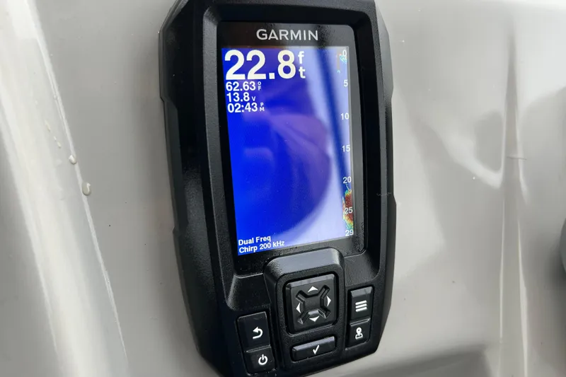 Slide: The Image of Garmin depth finder on 2022 Bennington 22 SS boat, displaying 22.8 feet depth. - 17