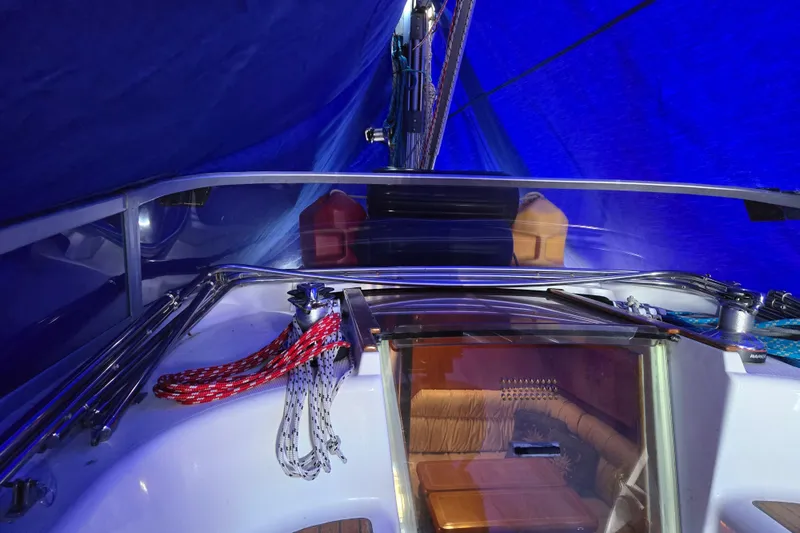 Slide: The Image of Jeanneau Sun Odyssey 42 cockpit with blue cover, year 1998. - 18