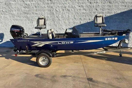 The Image of 2022 Lowe Skorpion 16 fishing boat with trailer, blue exterior, and Mercury outboard motor. - 1