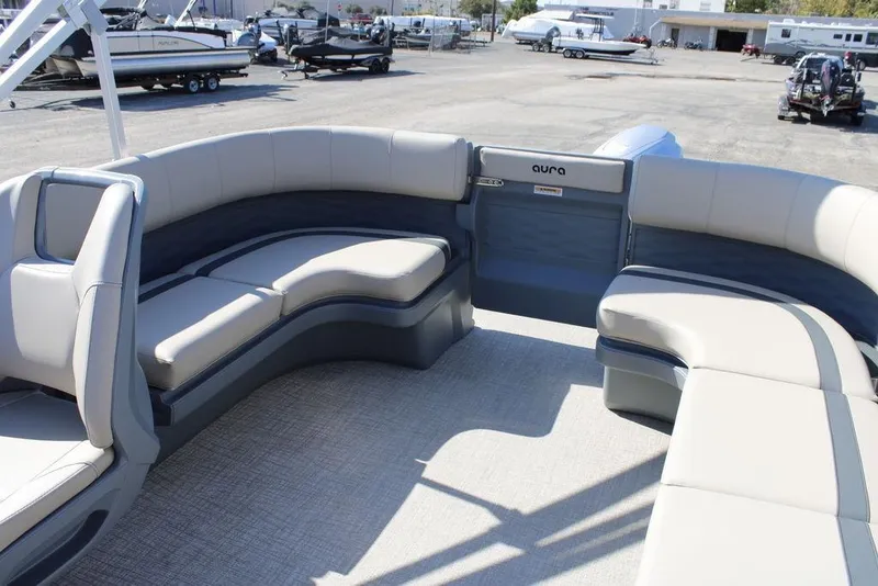Slide: The Image of 2026 Avalon AURA QUAD LOUNGER boat interior with spacious seating and modern design. - 12