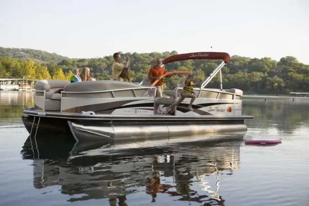 The Image of 2008 Sun Tracker Party Barge 25 I/O Regency Edition pontoon boat on trailer. - 0