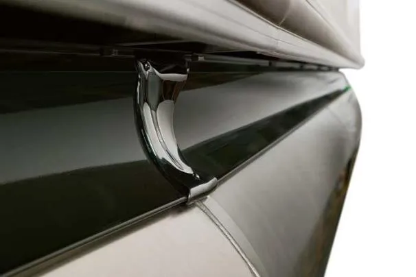 Slide: The Image of 2008 Sun Tracker Party Barge 25 I/O Regency Edition on trailer, under a cloudy sky. - 5