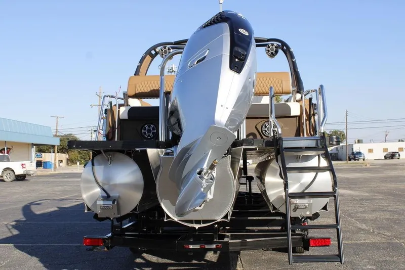 Slide: The Image of 2026 Avalon Catalina Quad Lounger 27 FT pontoon boat with powerful outboard motor. - 15