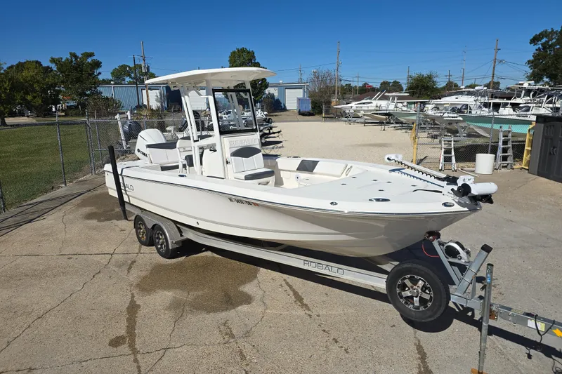 Slide: The Image of 2019 Robalo 246 Cayman boat on trailer in a marina setting. - 6