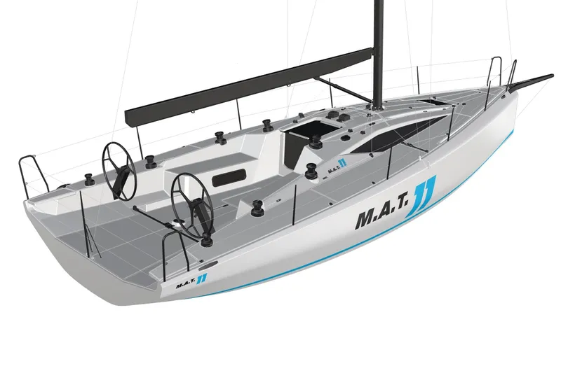 Slide: The Image of Sleek 2026 M.A.T. 11 sailboat with modern design and dual steering wheels. - 4