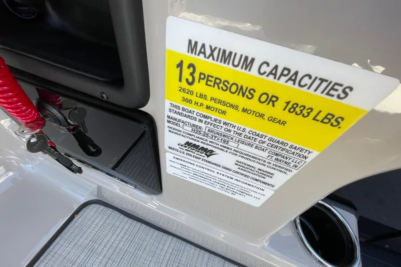 Slide: The Image of Capacity label on 2026 Harris Cruiser 250, indicating 13 persons or 1833 lbs limit. - 15