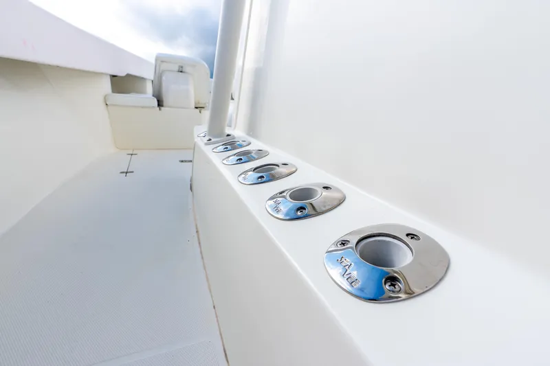 Slide: The Image of 2016 SeaVee 340Z boat deck with stainless steel rod holders. - 28