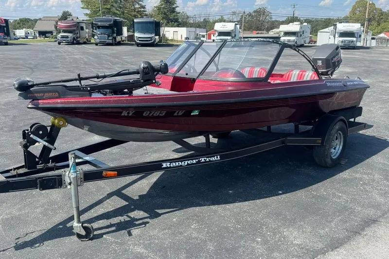 Slide: The Image of 1999 Ranger R77 Sport boat on trailer, parked in a lot with RVs in the background. - 25