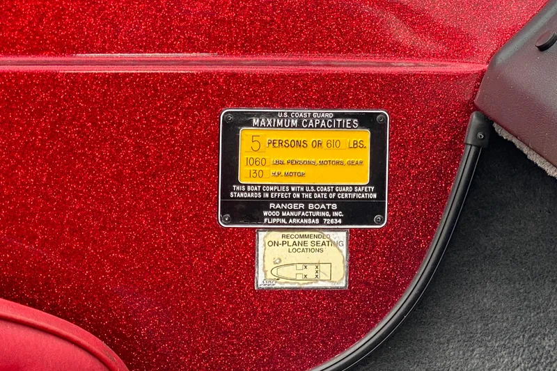 Slide: The Image of 1999 Ranger R77 Sport capacity plate, red background, U.S. Coast Guard safety standards. - 28