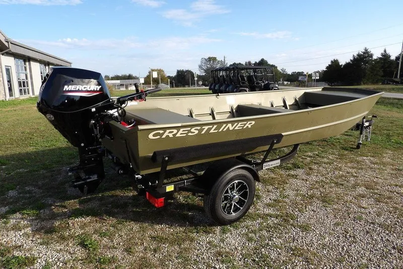 Slide: The Image of 2026 Crestliner 1648M CR Jon boat with Mercury engine on a trailer. - 2