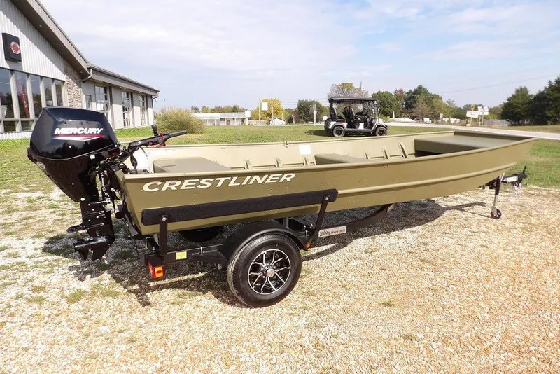Slide: The Image of 2026 Crestliner 1648 CR Jon boat on trailer with Mercury outboard motor. - 5