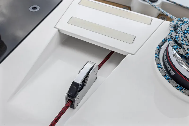 Slide: The Image of Close-up of Hylas H57 sailboat deck, featuring winch and rope system, 2020 model. - 30