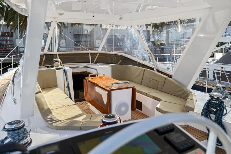 Slide: The Image of Luxurious 2020 Hylas H57 yacht cockpit with comfortable seating and elegant design. - 57