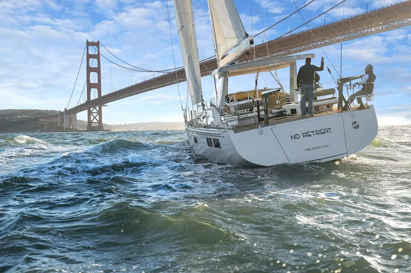 Slide: The Image of Sailing yacht Hylas H57, 2020 model, under Golden Gate Bridge in choppy waters. - 7