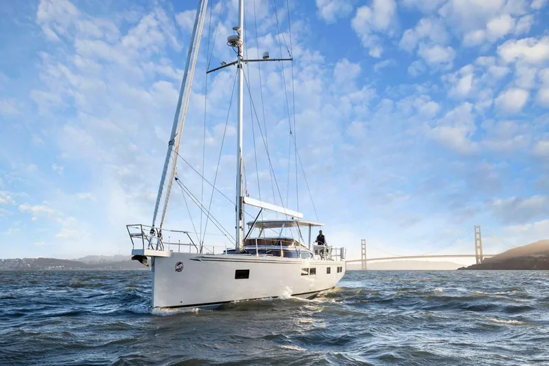 Slide: The Image of Sailing yacht Hylas H57 (2020) on open water with bridge in background. - 19