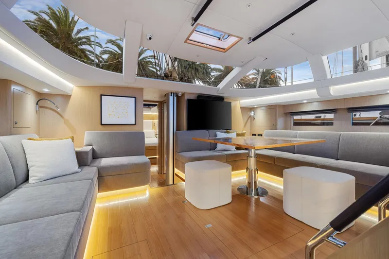 Slide: The Image of Luxurious interior of 2020 Hylas H57 yacht with modern seating and elegant lighting. - 58
