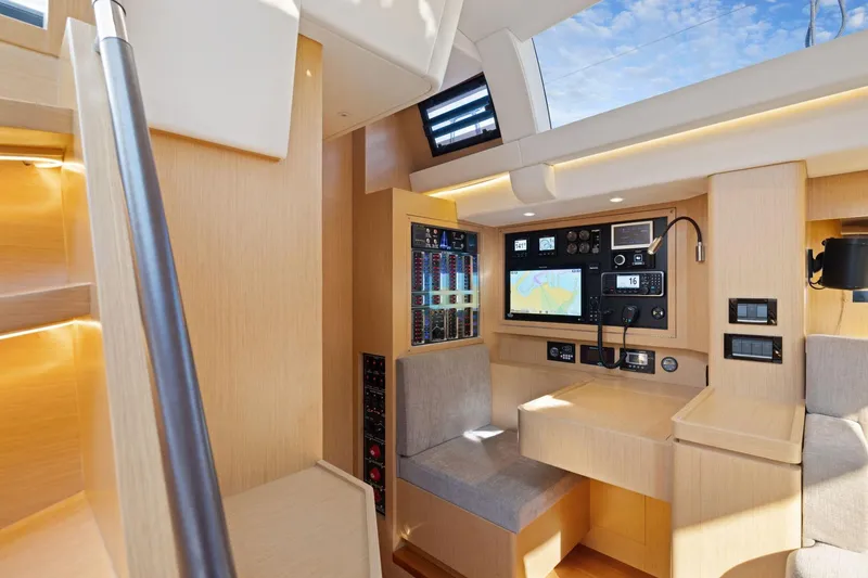 Slide: The Image of Modern Hylas H57 yacht interior with navigation station, 2020 model. - 63