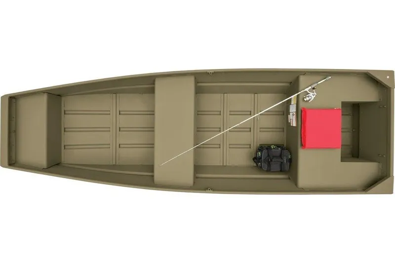 Slide: The Image of 2026 Tracker Grizzly 14 Jon boat, top view with fishing gear and red cushion. - 3