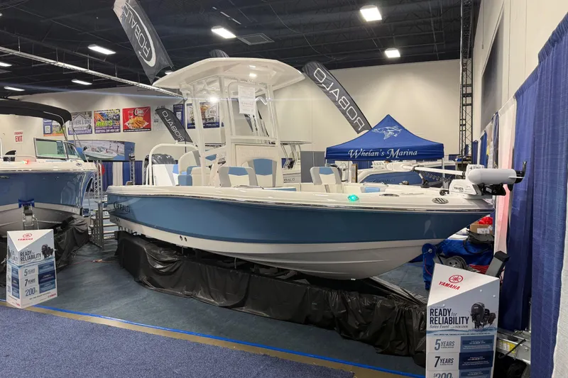 Slide: The Image of Manufacturer Provided Image: 2025 Robalo 226 Cayman boat, front view, sleek design, black background. - 17