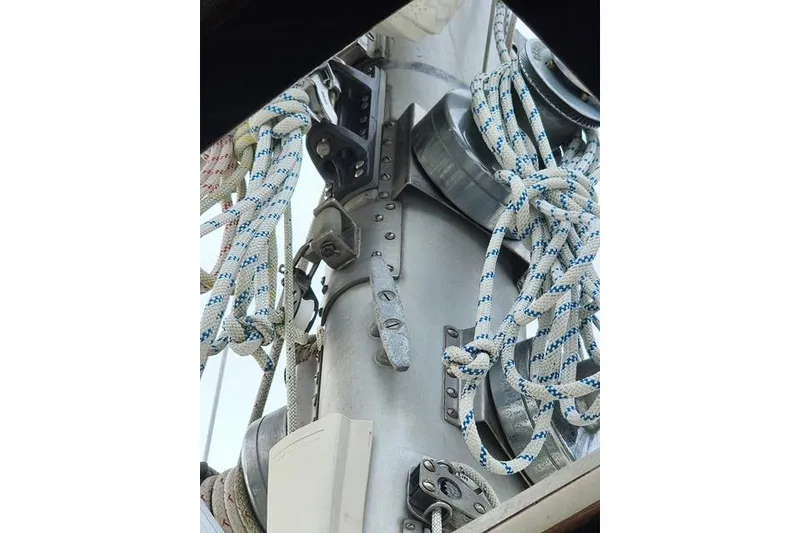 Slide: The Image of Close-up of rigging on a 1984 Bristol 45.5 Center Cockpit sailboat mast. - 15