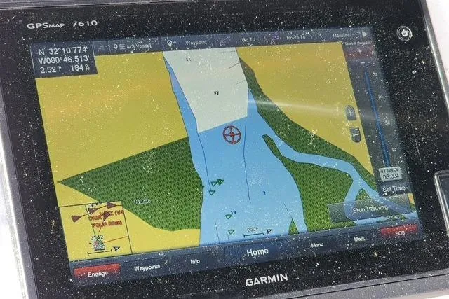 Slide: The Image of Garmin GPS display on 1984 Bristol 45.5 Center Cockpit, showing navigational map and coordinates. - 20