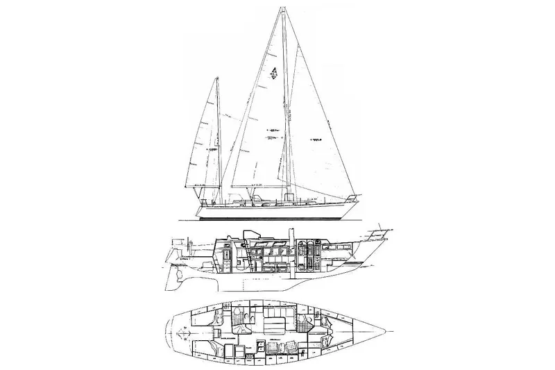 Slide: The Image of Blueprint of 1984 Bristol 45.5 Center Cockpit sailboat, showing side and top views. - 38