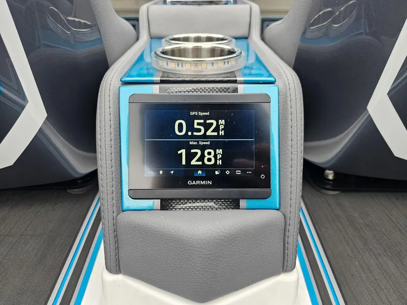 Slide: The Image of Garmin GPS display in MTI 440X boat, showing speed data, 2026 model. - 35