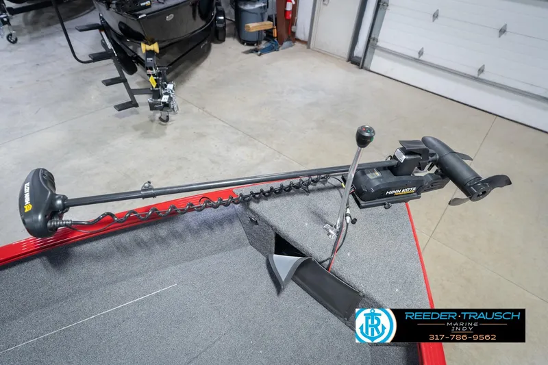 Slide: The Image of 2020 Lund 1775 Adventure SS boat with Minn Kota trolling motor in a garage. - 49