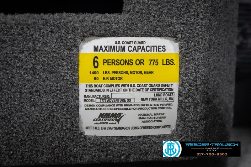 Slide: The Image of 2020 Lund 1775 Adventure SS capacity label, 6 persons or 775 lbs, 90 HP motor. - 62