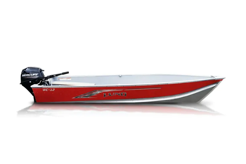 Slide: The Image of Manufacturer Provided Image: 2025 Lund WC-12 boat, red exterior, side view with Mercury outboard motor. - 10