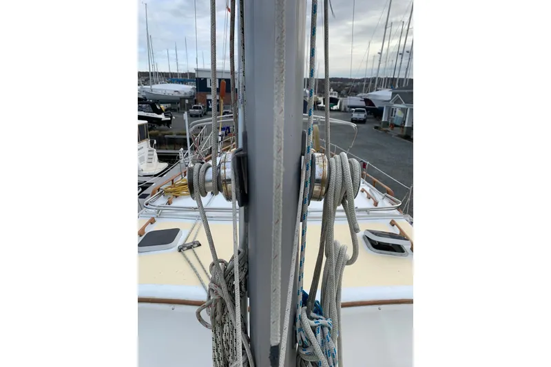 Slide: The Image of Deck view of 1981 Hardin 45 sailboat with rigging and ropes. - 45