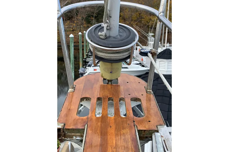 Slide: The Image of Bow of 1981 Hardin 45 sailboat with wooden deck and rigging details. - 7