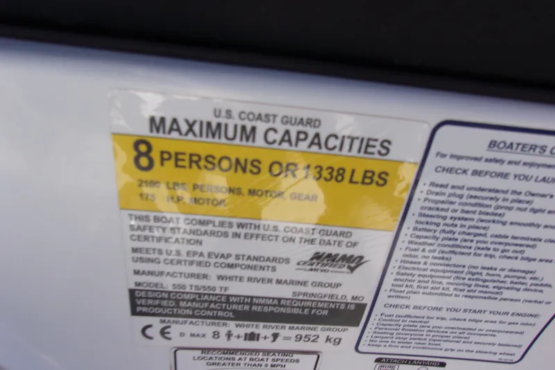 Slide: The Image of 2021 Tahoe 550 TF capacity label: 8 persons or 1338 lbs, U.S. Coast Guard compliant. - 15