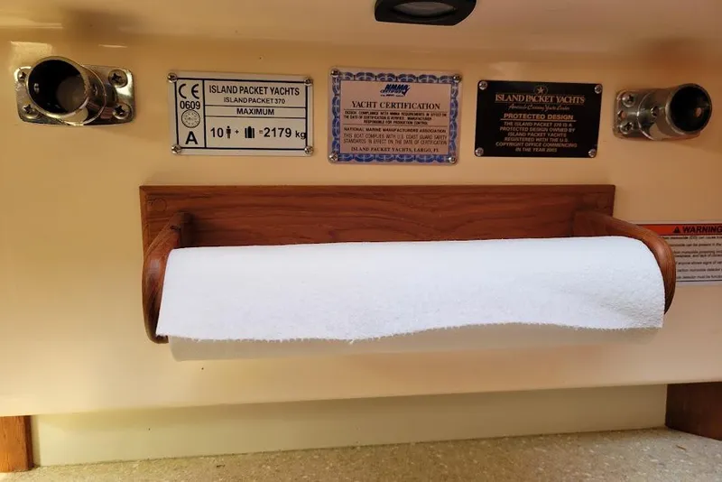 Slide: The Image of Island Packet 370 yacht certification and specifications, 2008 model, with paper towel holder. - 76