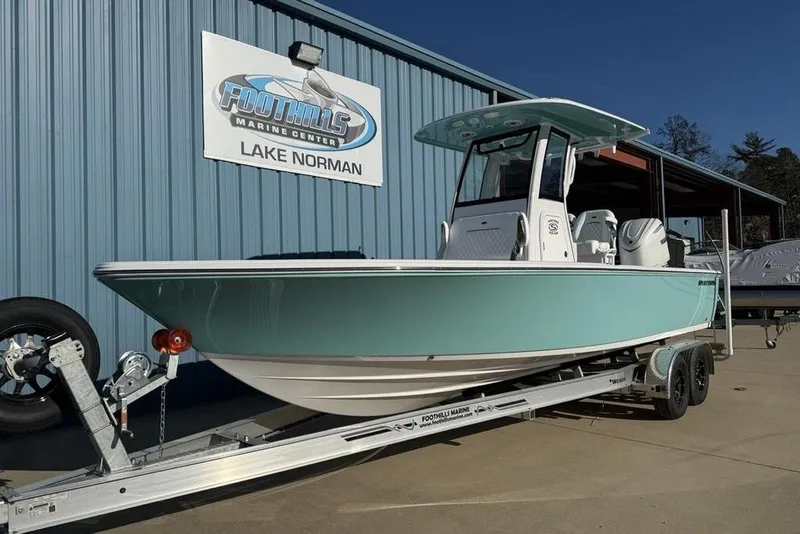 Slide: The Image of 2026 Sportsman Masters 247OE Bay Boat on trailer at Foothills Marine Center. - 4