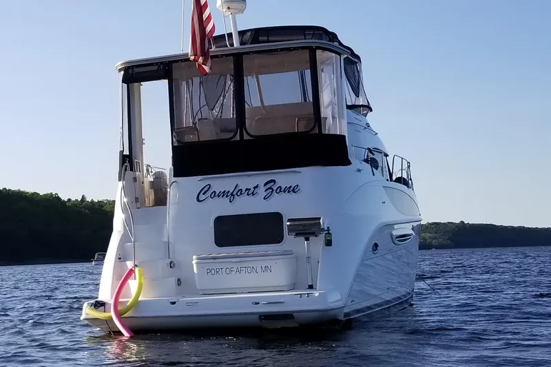 Slide: The Image of 2005 Meridian 368 Motoryacht "Comfort Zone" on water, Port of Afton, MN. - 3