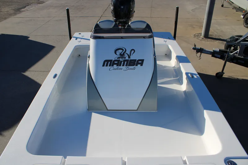 Slide: The Image of 2026 Mamba 227VX boat, sleek design, white deck, custom branding. - 8