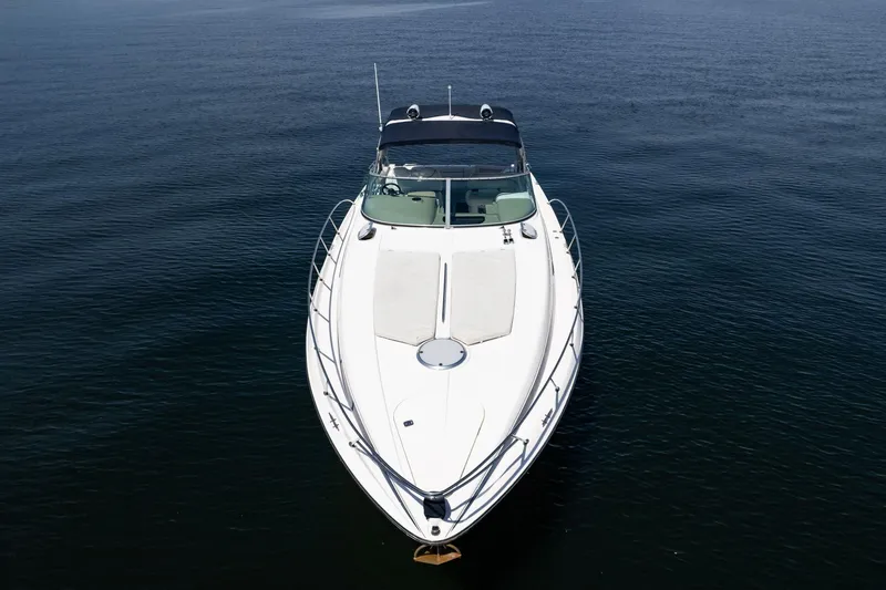 Slide: The Image of 1998 Avanti 4085 Sunbridge yacht on calm water, aerial view. - 59