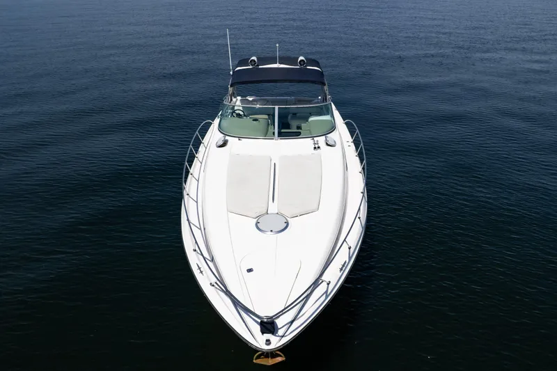 Slide: The Image of 1998 Avanti 4085 Sunbridge yacht on calm water, aerial view. - 66