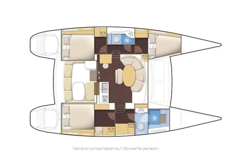 Slide: The Image of Floor plan of a 2015 Lagoon 380 S2 catamaran, featuring cabins and living areas. - 46