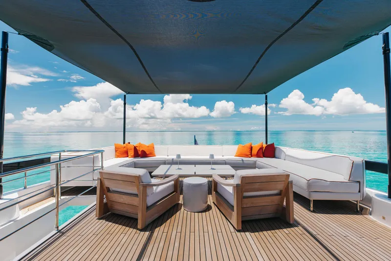 Slide: The Image of Luxurious 2020 Riva 90 Argo yacht deck with seating, ocean view, and canopy. - 44