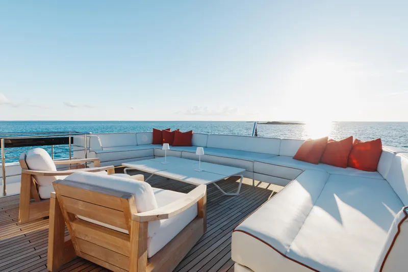 Slide: The Image of Luxurious Riva 90 Argo yacht deck with elegant seating, ocean view, and sunset ambiance. - 46