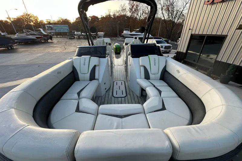 Slide: The Image of 2017 Manitou Xplode 250 pontoon boat with spacious seating and modern design. - 24