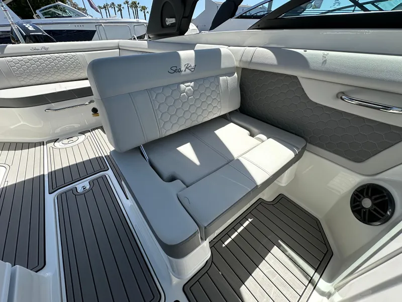 Slide: The Image of 2024 Sea Ray SDX 270 Outboard interior with luxurious seating and modern design. - 11