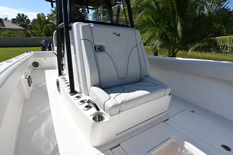 Slide: The Image of 2024 SeaVee 340Z boat interior with sleek seating and modern design. - 21