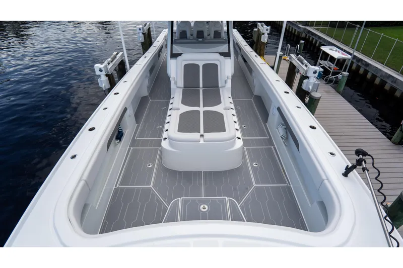 Slide: The Image of 2025 Front Runner 43 Catamaran deck with sleek design and modern features. - 19